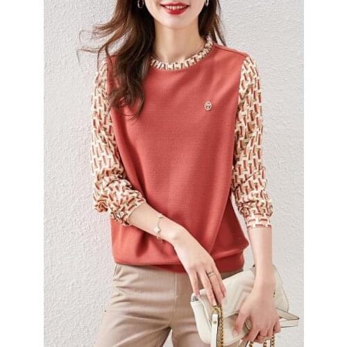 Womens Knitted Sweaters Spring Autumn New O-Neck Long-sleeved Shirt Korean Fashion Printed Blouse Female Plus Size Vintage Top