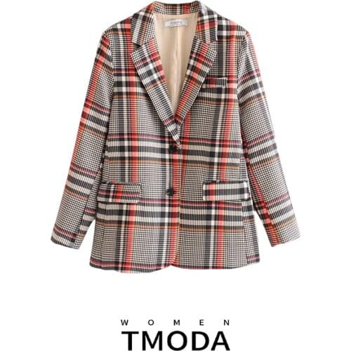 TMODA504 Office Ladies Plaid Print Blazer Jacket 2021 Autumn Single Breasted Casual Suit Long Sleeve Women Outwear Spring