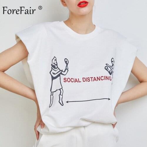 Forefair O Neck Printed Shoulder Pads Crop Tops Sleeveless Casual Streetwear 2021 Summer Fashion White Slim Pullover Women Tops