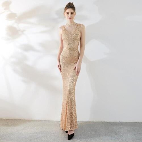 Gold Sequined Evening Dresses Fashion Women Backless Gowns Robe Soiree 2021 Sexy Mermaid Deep V Neck Backless Dress