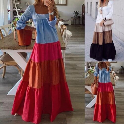 Vintage Patchwork Women Long Dress Spring Square Collar Long Sleeve Ladies Dresses Fashion Casual Loose Cotton And Linen Dresses