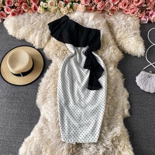 2021 Korean Fashion Sexy One Shoulder Pencil Dress Women Vintage Dots Ruffles Slim Sheath Party Dresses Summer Office Vestidos