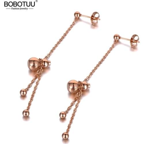 BOBOTUU Chinese Style Titanium Stainless Steel Blessing Gourd Dangle Earrings Vintage Tassel Earrings Jewelry For Women BE19319