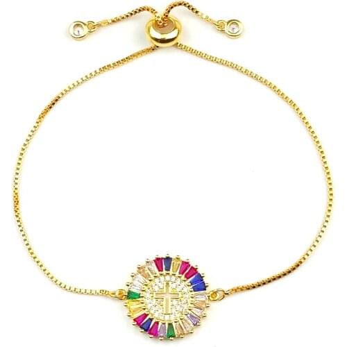 Rainbow Gold Bracelet Adjustable pulseras verano 2020 Gold Filled Bracelet With Cross Christian Jewelry CZ Round Coin Bracelets