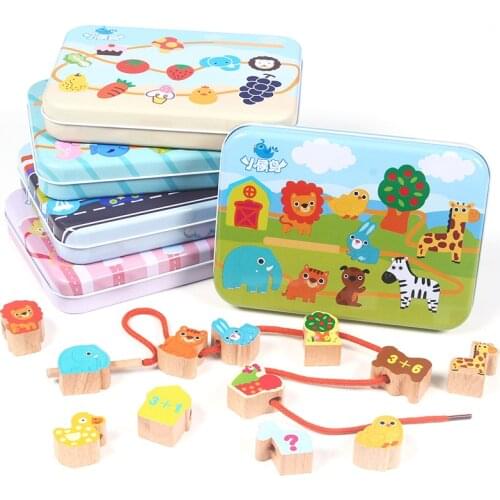 Baby educational toy wooden threading large pieces of beaded animal vegetable traffic iron box storage toy gift for boy and girl