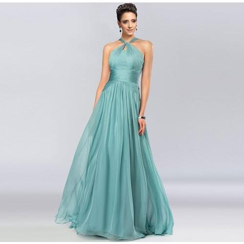 Tanpell Elegant Evening Dress Halter Neck Ruched Sleeveless Zipper-UP Chiffon Women A-Line Floor-Length Long Evening Dress