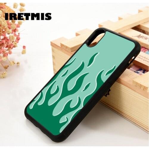 Iretmis 5 5S SE 6 6S Silicone Rubber Phone Case Cover for iPhone 7 8 Plus X Xs 11 12 MINI Pro Max XR Green Colored Flames Flame