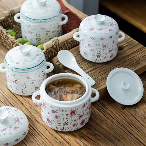 Japanese style large capacity stew pot with ceramic spoon with cover, birds nest soup with double cover, double ears soup bowls