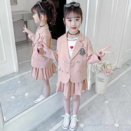 Sweet Girls Suit Coats Tops+Pleated Skirtpants 2Pcs Sets Teenage Girls Clothing Outfit Autumn Outerwear 4-13Yrs Big Kids Costume