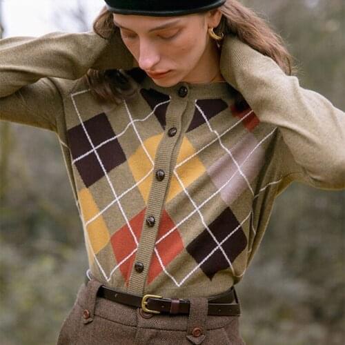 Fashion Women Sweater Cardigan Autumn French Retro Knit Jacket Overlay Green Diamond Short Loose Top Women casual Outwear Thin