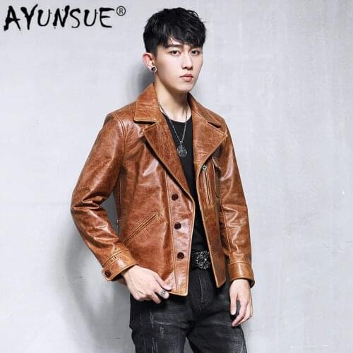 AYUNSUE Mens Genuine Leather Jacket 100% Real Cow Leather Jacket Men Biker Motorcycle Leather Blazers Slim Coat 19-07A KJ3219