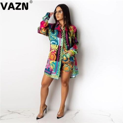 VAZN New Design Colorful Street Style Sexy Shirt Dress 2019 V-neck Long sleeve dress Loose Lady Party Club Dress