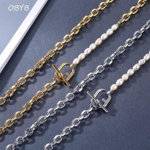 OBYB New Arrived Imitation Pearls Geometric OT Clasps Link Chains Necklace for Women Men Hip Hop Necklace Choker Punk Jewelry