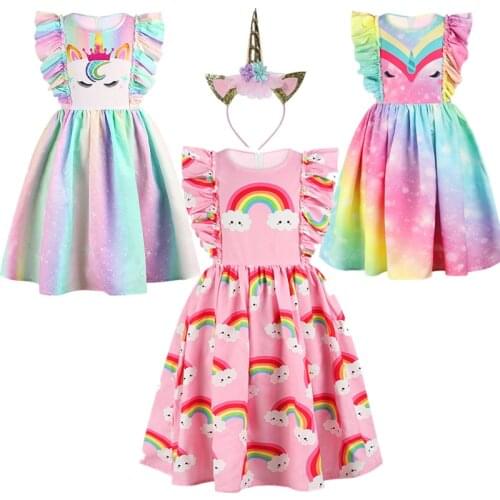 Rainbow Digital Print Feifei Sleeve Middle Child Dress Cute Princess Skirt Childrens Holiday Party Performance Show Puffy Dress