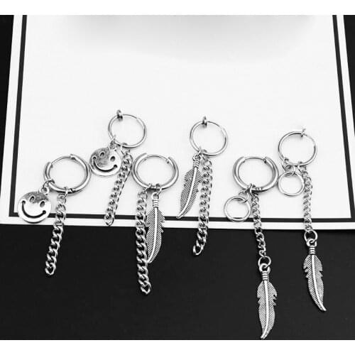 1Pc Korean Star Men Tassel Hoop Earrings Simple Chain with Leaf and Round Circle & Small Face Pendent Piercing Punk Jewelry E34