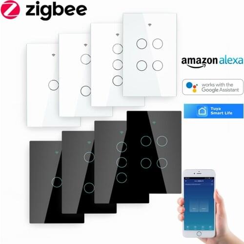Tuya Smart ZigBee 1/2/3/4gang Wall Touch Light Switch No Neutral Single Live Wire Panel Smart Life Alexa Voice Remote Control