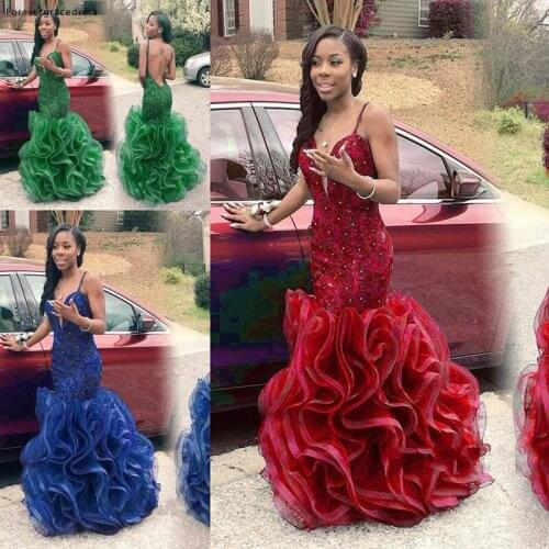 Gorgeous Royal Blue Red Green Prom Dress Sexy Ruffles Beaded Spaghetti Straps Sweet 16 Pageant Evening Party Gown
