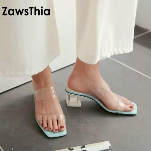 ZawsThia 2020 summer PVC transparent jelly sandals block square high heels woman slides outdoor slippers women mules shoes