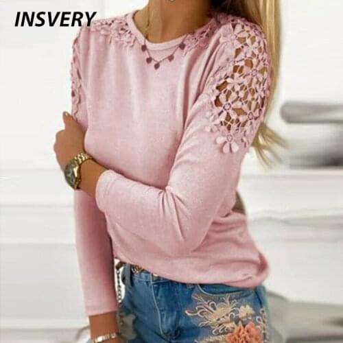 Spring Autumn Women T-shirt O Neck Lace Design Hollow Out Long Sleeve Shirt Women Loose Tee Tops Ladies Fashion Shirts For Women