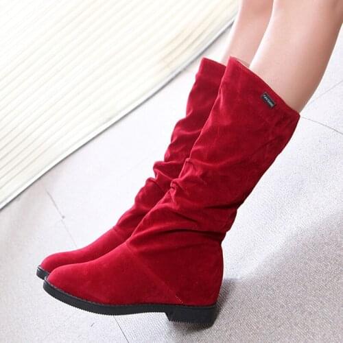 Autumn Winter Womens Boots Matte Flock Boots For Female Ladies Height Increased Low Heel Shoes Woman Mid Calf High Boots