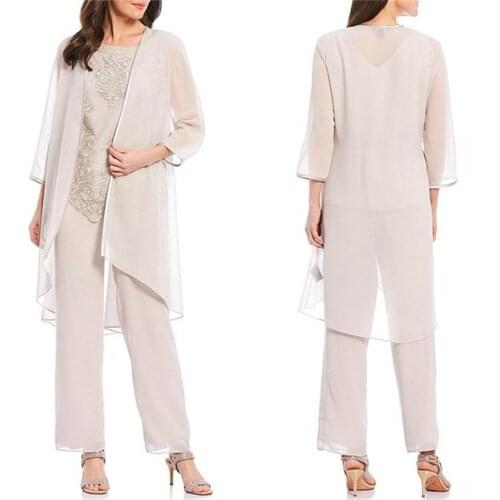 Chic 2021 Chiffon Mother Of The Bride Pant Suits Three Pieces Lace Jewel Neck Jumpsuits Wedding Guest Dress Plus Size Pantsuits