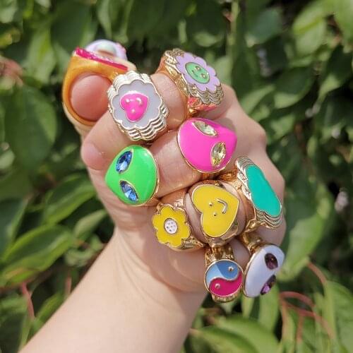 Lost Lady Multicolor Cute Enamel Heart Rings Vintage Yin Yang Alien Face Finger Rings For Women Girls Fashion Jewelry Gifts