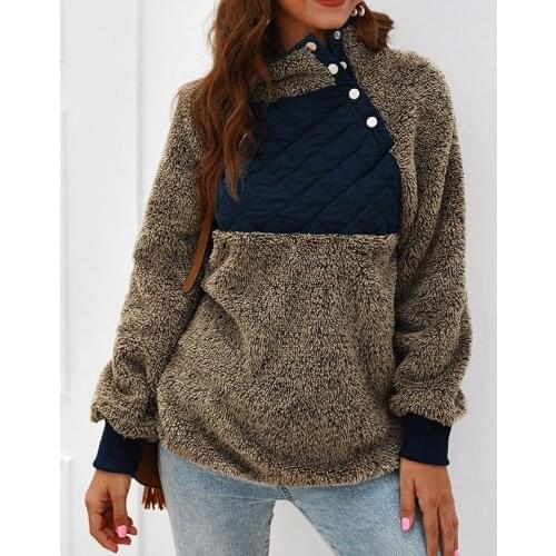 Women Autumn Winter Wool Stitching Plush Diagonal Collar Hoodie Tops Female Outers Causal Hooded Thicken Pullover Coat Plus Size