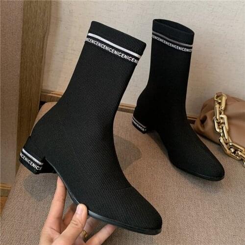 2020 Women Fashion 3.5cm High Heels Boots Stretch Flats Ankle Boots Sexy Nightclub Boots Fetish Square Low Heels Quality Shoes