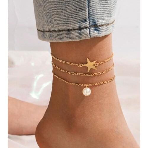 3Pcs/Set Foot Chain Faux Pearl Fashion New Anklet Handmade Popular Personality Exquisite Boho Star Multilayer Anklet for Beach