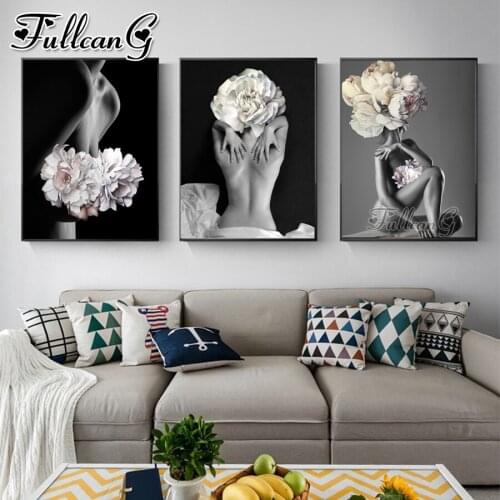 FULLCANG 5d diy diamond embroidery Mysterious sexy woman with flower painting triptych full square round drill decoration FC3590