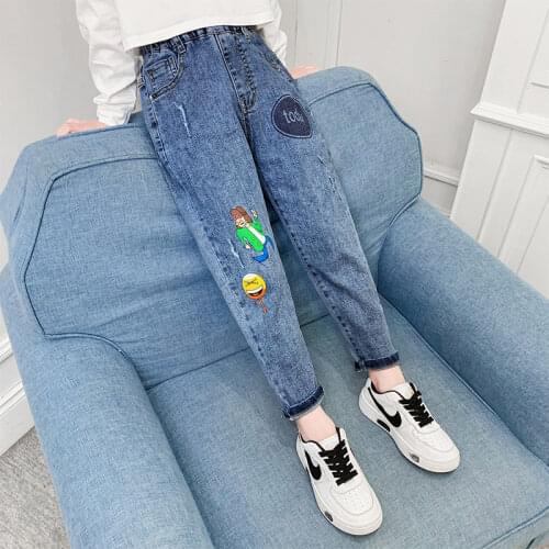 Teen Girls Harem Pants With Cartoon Pattern New Fashion Spring Autumn High Waist Casual Kids Teenager Denim Trousers 4-13Years