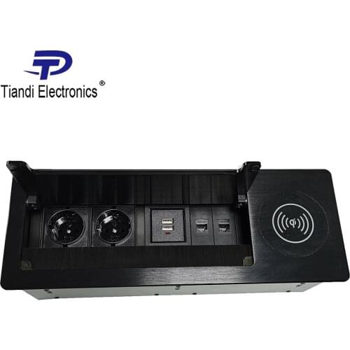 Black aluminium panel EU power plug brush clamshell multimedia tabletop socket + IQ wireless and USB charging +network interface