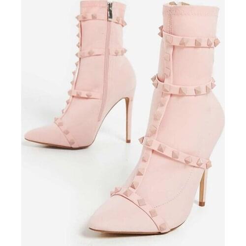 Studded Detail Sock Boot In Pink Lycra High Heels Stiletto Pointy Toe Fall Shoes Zipper Rivet Solid Multiple Color Booties Ankle