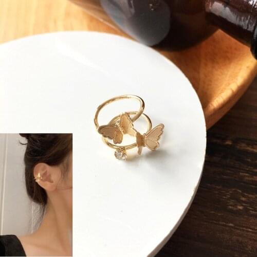 Girls Cute Double Layers Ear Clip Cuff Simple Butterfly Rhinestone Earring Cuff