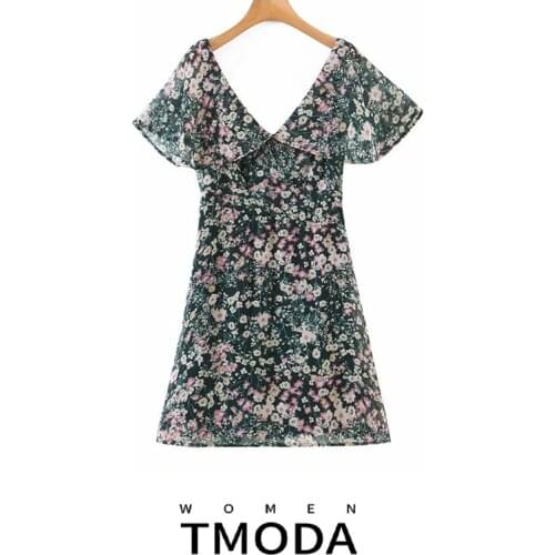 TMODA1050 Za Summer Bohemian Floral Print Mini Dress Women Short Sleeve Sexy V-neck Sundress Ruffles Backless Short Vestidos