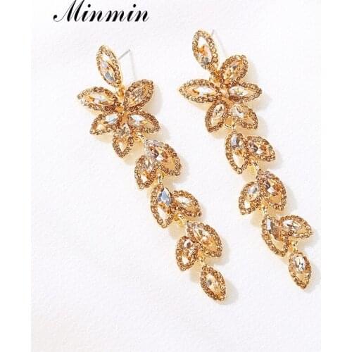 Minmin Luxury 6 Colors Shiny Crystal Long Drop Earrings for Women Wedding Prom Jewelry for Brides Dangle Hanging Earrings EH1578