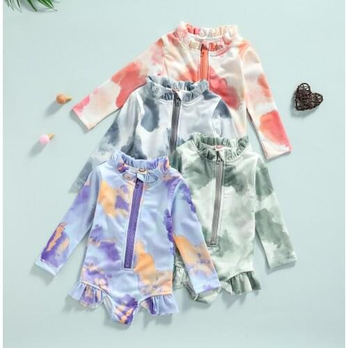 Fashion Children Kids Tie-dye Printing Swimsuit Beachwear Toddler Girls Long Sleeve O-neck Zip-up Swimwear with Ruffles