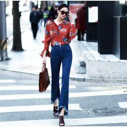 New Women Flare Jeans Fashion irregular Tassel Slim Elastic Fit Denim Female High waist Skinny Pants Bell Bottom Jeans Trousers