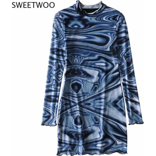 Slim Blue Wave Pattern Vintage Long sleeve women Dresses Fashion Mesh women mini dress