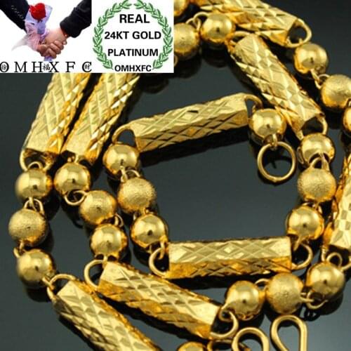 OMHXFC Wholesale European Fashion Male Party Wedding Gift Long 50cm Wide 7mm Beads Cylinder Real 24KT Gold Chain Necklace NL60