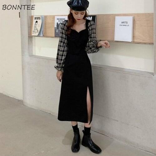 Dress Women Puff Sleeve Patchwork Vintage Retro French Style Elegant Sweet Split Chic Ladies Girls Sexy Ins Fashion New Arrival