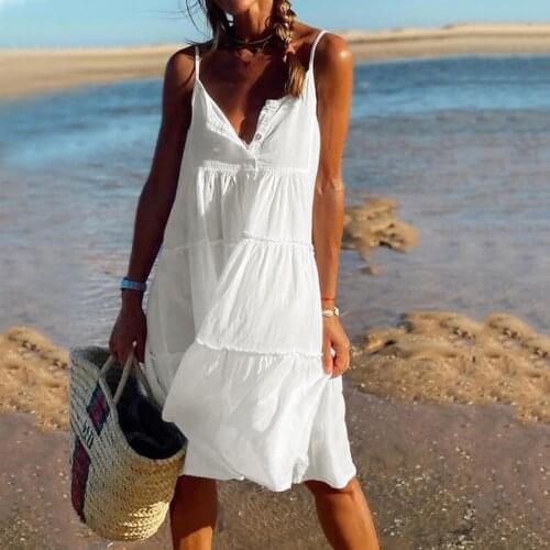 Sling Dress For Womens Sleeveless Pure Color Button Casual Loose Mini Dress Summer cupcake dress elegant vestido de mujer