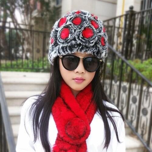 Autumn and winter womens genuine rex rabbit fur knitted hat fashion fur hat thermal rose floral knitted hat