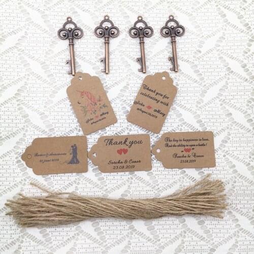 40pcs Personalized Wedding Souvenirs Vintage Key Bottle Opener with Custom Thank You Tags Wedding Favors Back Gifts for Guests