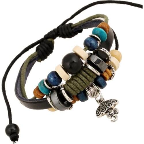 Vintage Fashion Women Girl Leather Bracelet Retro Cute Umbrella Beads Charm Bangle Wrap Adjustable Wristband Casual Jewelry Gift