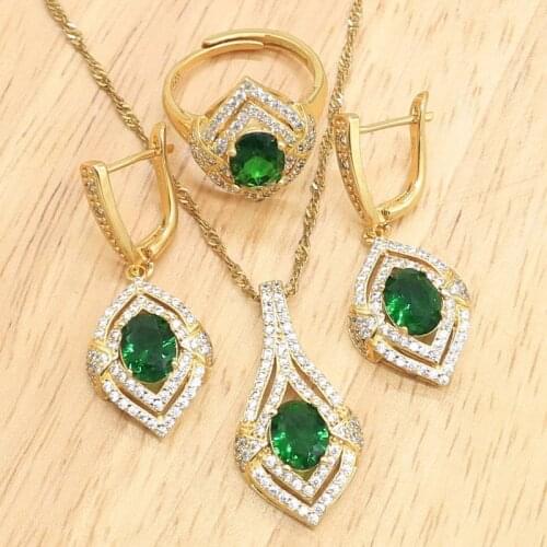 Green Semi-pricous Gold Color Jewelry Sets for Women Bridal Earrings Necklace Pendant Open Ring Size Adjustable
