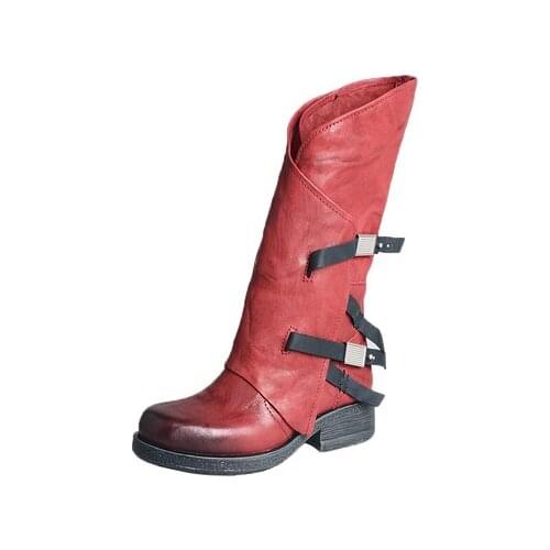 Ladies Biker New Genuine Leather Mid-Calf Boots Buckle Riding Cowboy Boots Shoes Women Motorcycle Botas Height increasing heel