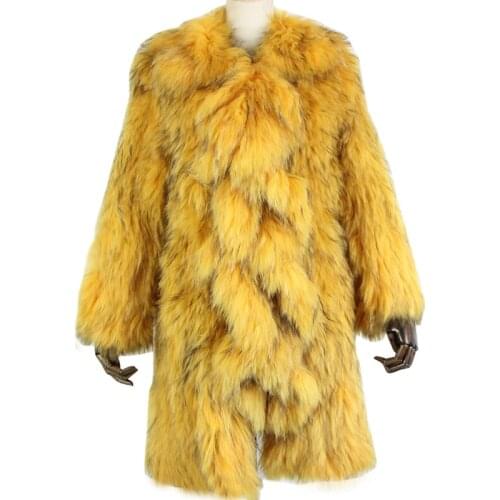 Tide Sexy New Winter Women Fashion Long Ruffles Casual Real Raccoon Fur Knit Jacket Coat Overcoat
