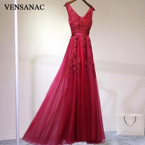 VENSANAC 2018 A Line Lace V Neck Long Evening Dresses Elegant Real Photos Tank Party Appliques Sash Tulle Prom Gowns