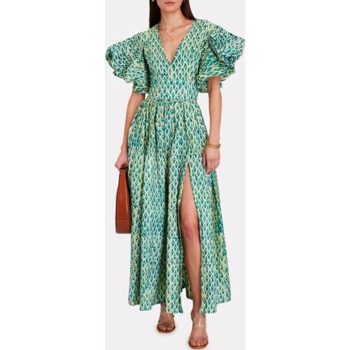 French Gentle Retro Maxi Dresses Suammer Holiday Puff Sleeve V-neck High Waist Slim A Line Printed Dress Side Split Long Dress